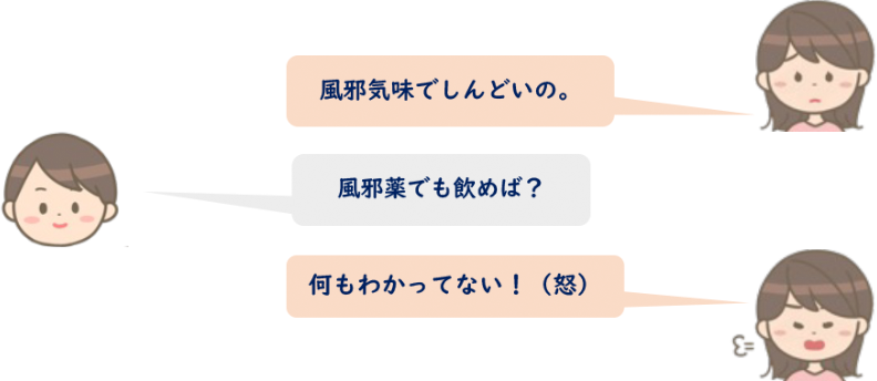 人物A「風邪気味でしんどいの。」 人物B「風邪薬でも飲めば？」 人物A「何もわかってない！（怒）」
